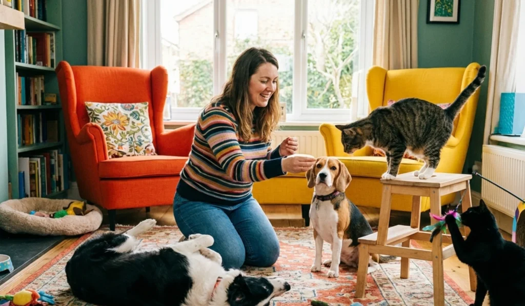 trained dogs and cats living peacefully at home