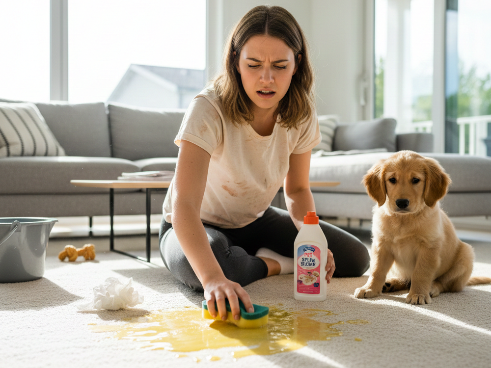 Puppy owner cleaning floor with frustration