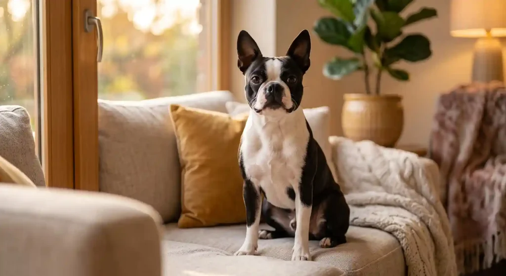 7 Small Smart Dogs in the USA That Are Easy to Train small smart dog Boston Terrier on a couch